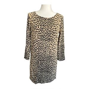J Crew Dress Women 6 Tan Black Leopard Print Long Sleeve Pocket Front Shift Mini